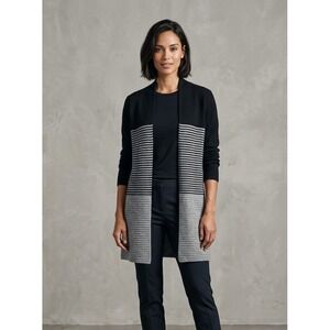 ELLE Colorblock Striped Open Front Longline Cardigan Sweater Black Grey XS